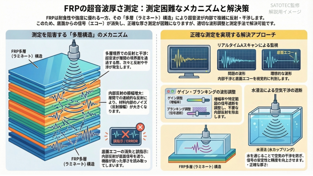 ガラス繊維の超音波厚さ測定の問題