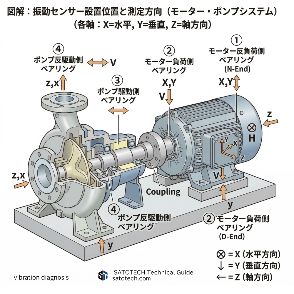 振動センサー設置位置と測定方向（モーター・ポンプ系設備）