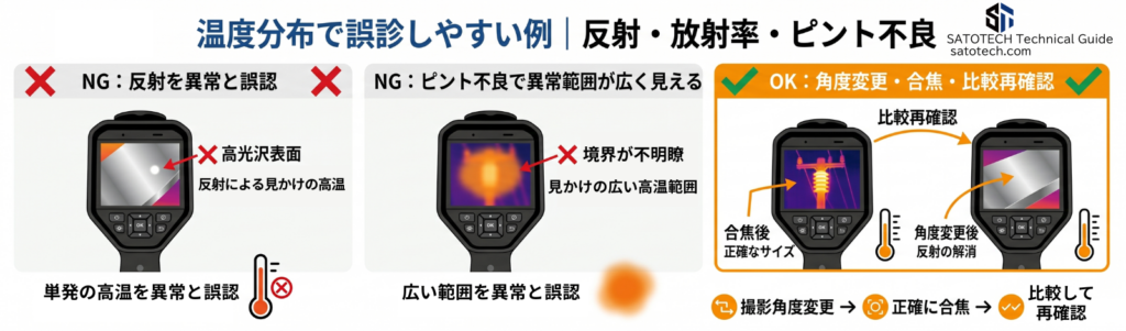 温度分布で誤診しやすい例｜反射・放射率・ピント不良・負荷条件不足