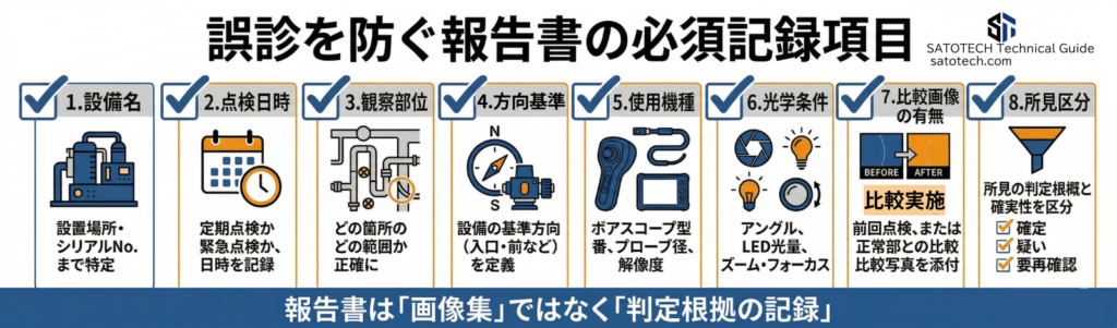 工業用内視鏡検査の誤診を防ぐ報告書の必須記録項目