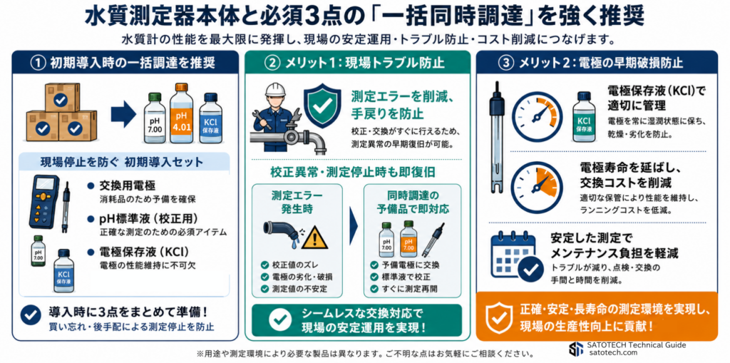「交換用電極」「pH標準液(校正用)」そして「電極保存液(KCl)」の3点を最初から一括で同時調達