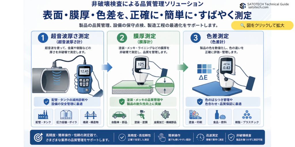 超音波厚さ計、膜厚計、色差けカラーアナライザーの比較